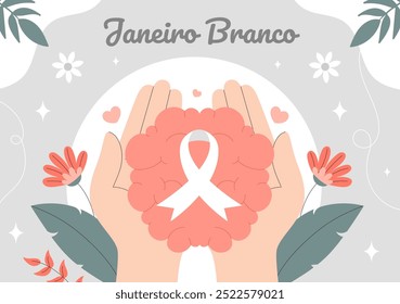 Janeiro Branco Translation of a White January Mental Health Awareness Month Vector Illustration with a Symbol the Brain and Flowers in Flat Background