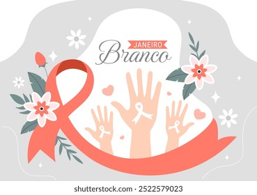 Janeiro Branco Translation of a White January Mental Health Awareness Month Vector Illustration with a Symbol the Brain and Flowers in Flat Background