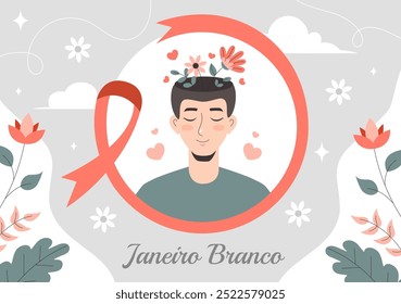 Janeiro Branco Tradução de um Branco Janeiro Mês da Consciência da Saúde Mental Ilustração Vetorial com um Símbolo o Cérebro e Flores no Plano de Fundo