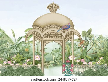 Jangle with tropical plant, dome wallpaper illustration. Traditional Mughal Islamic wallpaper design.