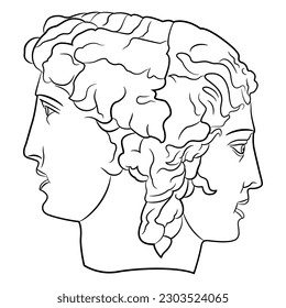 Janiform head with two faces. Janus as man and woman. Ancient Greek or Roman mythology. Union of opposites. Creative concept. Duality and love. Black and white linear silhouette.