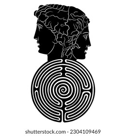 Janiform head with two faces on top of a round spiral maze or labyrinth symbol. Theseus and Ariadne. Janus as man and woman. Creative concept. Duality and mystery of love. Black and white silhouette.