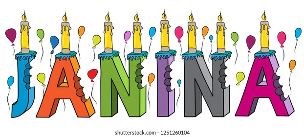 Janina female first name bitten colorful 3d lettering birthday cake with candles and balloons.