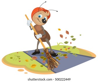 Janitor Ant Sweeps Broom Fallen Leaves From Footpath. Isolated On White Vector Cartoon Illustration