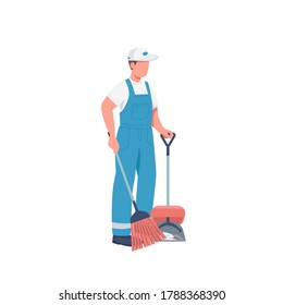 Janitor With Broom Flat Color Vector Faceless Character. Cleaner Sweeping Floor Isolated Cartoon Illustration For Web Graphic Design And Animation. Commercial Janitorial Service, Housekeeping