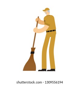 Janitor with broom. service worker man. Cleaner man. swabber