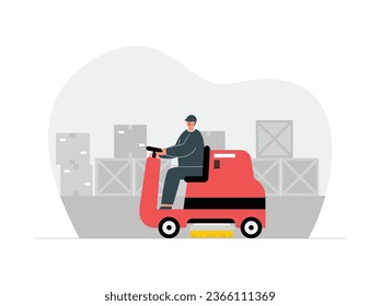 Janitor brushes the floor using a floor scrubber, modern automatic machine, factory vector illustration.