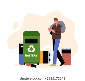 Janitor carries bag of batteries to special container. Help planet, green environment concept. Call for proper waste management. Recycling of various products. Colorful vector illustration