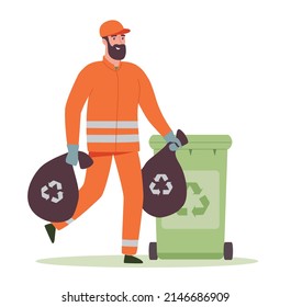 Janitor in carries bags of garbage into the trash can in the city. A man in uniform cleans up waste in recycle containers for separate rubbish reuse. Vector illustration in flat style on a white.