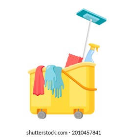 Janitor Cart with Mop, Sponge and Gloves with Detergent. Cleaning Service Equipment, Maid Tools for Washing, Housekeeping Work. Isolated on White Background. Cartoon Vector Illustration, Icon or Label