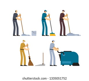 Janitor and Cleaner set. broom and Industrial Vacuum Cleaner. sweeping brush and Bucket. Service worker people.  