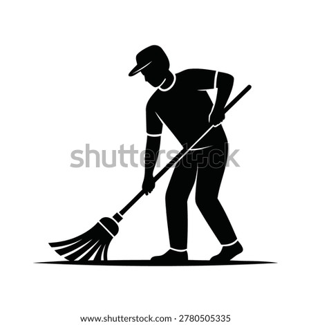 Janitor cleaner sweeping floor with broom silhouette vector illustration