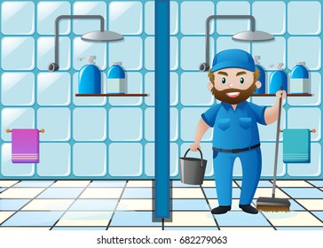 Janitor cleaning bathroom