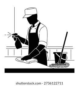 Janitor Cleaning Countertop with Spray Bottle and Mop, Silhouette, Workplace Hygiene
