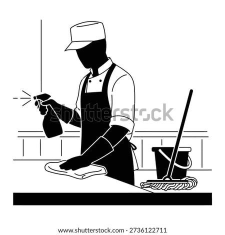 Janitor Cleaning Countertop with Spray Bottle and Mop, Silhouette, Workplace Hygiene