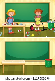 Janitor Cleaning Dirty Classroom Illustration