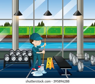 Janitor cleaning the fitness room illustration