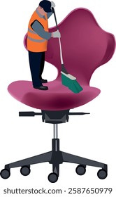 Janitor cleaning giant office chair with broom