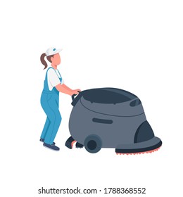 Janitor with cleaning machine flat color vector faceless character. Female cleaner in workwear isolated cartoon illustration for web graphic design and animation. Commercial cleaning