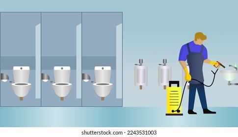 janitor cleaning public bathroom vector illustration, public bathroom cleaning service worker, Janitor man cleaning sink in public toilet or restroom, cleaning service management