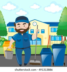 Janitor cleaning the school campus illustration