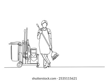 Janitor with cleaning service equipment in continuous one line drawing. Single line art illustration of cleaning service worker. Editable vector.