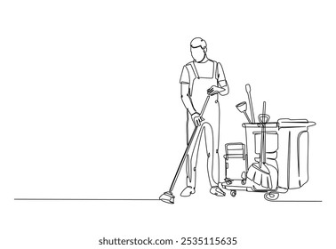 Janitor with cleaning service equipment in continuous one line drawing. Single line art illustration of cleaning service worker. Editable vector.