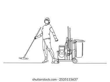 Janitor with cleaning service equipment in continuous one line drawing. Single line art illustration of cleaning service worker. Editable vector.