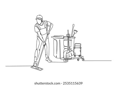 Janitor with cleaning service equipment in continuous one line drawing. Single line art illustration of cleaning service worker. Editable vector.