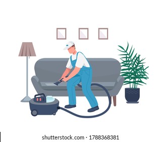 Janitor cleaning sofa flat color vector faceless character. Housekeeper with vacuum cleaner isolated cartoon illustration for web graphic design and animation. Janitorial service, housekeeping chores