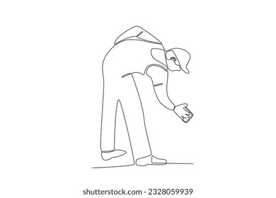 A janitor cleans the bottom glass. Cleaning service one-line drawing