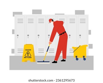Janitor cleans floor near