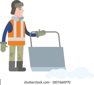 Janitor cleans snow with a large shovel outdoors, isolated on white background. Winter snowfall in the city. Flat infographics. Vector illustration