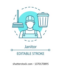 Janitor concept icon. Cleaning agency staff idea thin line illustration. Street sweeping. Porter cleans hospitals, schools. Buildings maintenance. Vector isolated outline drawing. Editable stroke