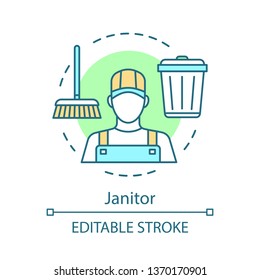 Janitor concept icon. Cleaning agency staff idea thin line illustration. Porter cleaning hospitals, schools. Buildings maintenance. Street sweeping. Vector isolated outline drawing. Editable stroke