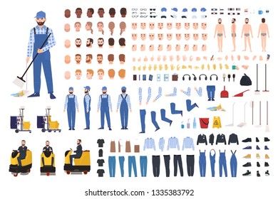 Janitor creation set or constructor kit. Bundle of cleaner's body parts, gestures, uniform, equipment, floor polisher isolated on white background. Front, side, back views. Flat vector illustration.