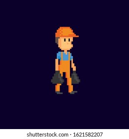 Janitor, garbage collector carries garbage bags pixel art icon. Element design for logo, stickers, web, embroidery and mobile app. Isolated vector illustration. 8-bit sprite.