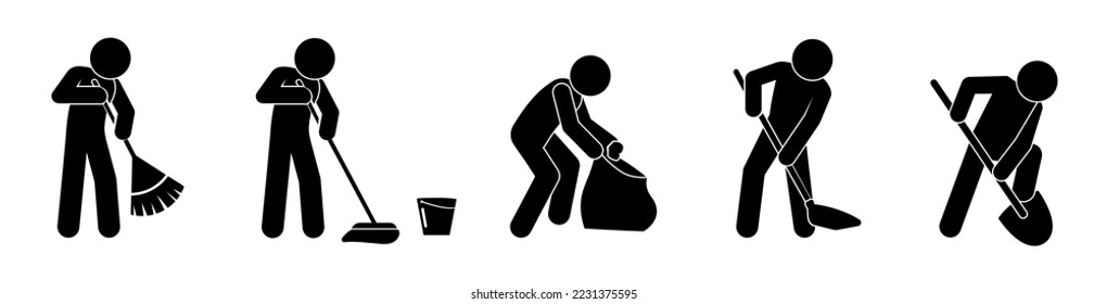 janitor icon, housework, stick figure man washes and sweeps, hand labor illustration, stick figure people