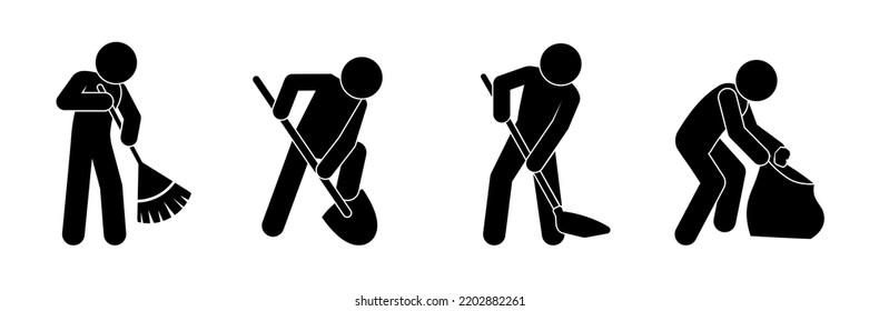 Janitor Icon, A Man With A Shovel And A Broom Collects Garbage, A Volunteer Takes Care Of The Environment, Stick Figure Human Silhouettes