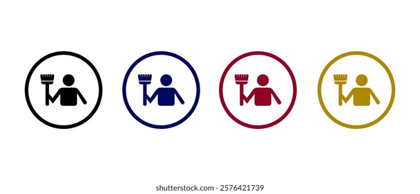 Janitor icon. Sweeper working sign. Person with mop and bucket icon in flat style concept.