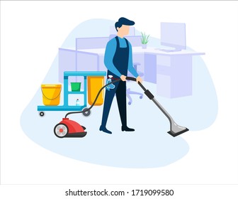 Janitor Illustration doing his job as Cleaning Service. This illustration can be use for website, landing page, web, app, and banner.