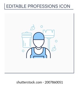 Janitor Line Icon.Man Cleans And Maintains Buildings. Cleans Service.Important Job. Professions Concept. Isolated Vector Illustration.Editable Stroke