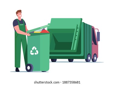 Janitor Male Character Loading Recycling Container with Litter for Separation. Garbage Man Loading Wastes to Truck for Reduce Environment Pollution. City Recycle Service. Cartoon Vector Illustration