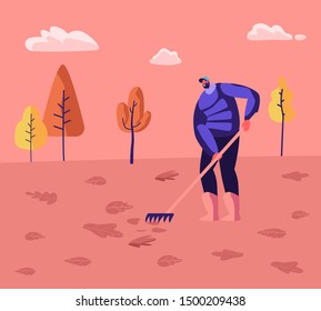 Janitor Male Character Street Cleaner Holding Rake Sweeping Lawn and Raking Fallen Leaves in City Park Landscape Background. Cleaning Service Activity Concept. Cartoon Flat Vector Illustration