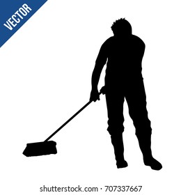 Janitor man silhouette sweeping on white background, vector illustration