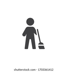 Janitor man sweeping vector icon. filled flat sign for mobile concept and web design. Man with a broom glyph icon. Symbol, logo illustration. Vector graphics