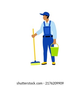 Janitor. A man in uniform with a mop and bucket, cleaning outside and indoors. Clean, cleaning company, order cleaning, staff recruitment. Vector flat illustration, cartoon style.