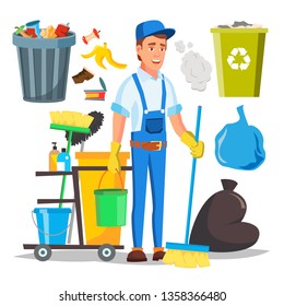 Janitor Man Vector. Cleaner Janitor Worker In Uniform. Professional Service. Illustration