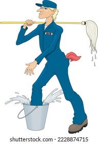 Janitor with Mop and Bucket Vector Cartoon Illustration