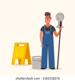 Janitor with Mop. Cartoon Style. Vector Illustration